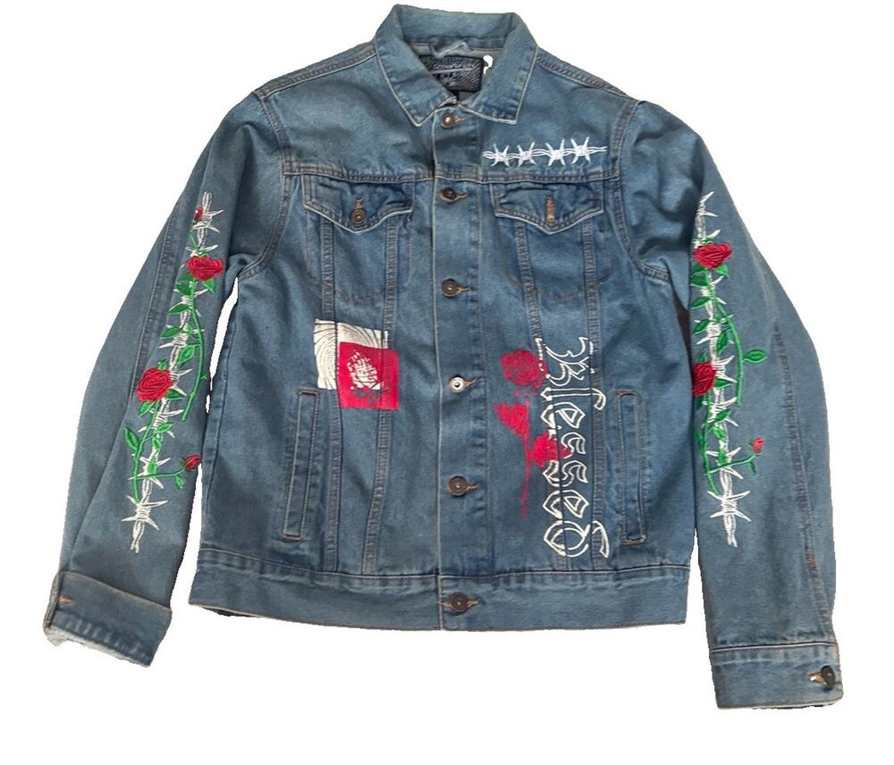 Brooklyn Jean Denim Jacket BLESSED UNISEX M Embroidered Religious Roses Thorns